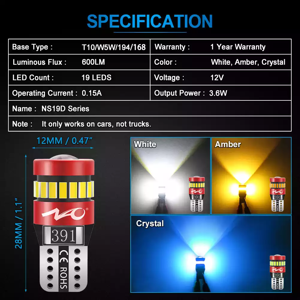 T10 W5W LED Car Interior Lights 12V - NAOEVO NS19D Series - NAOEVO