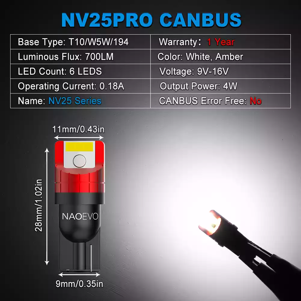 T10 W5W LED Car Interior Lights 1000LM - NAOEVO NV25 Series - NAOEVO